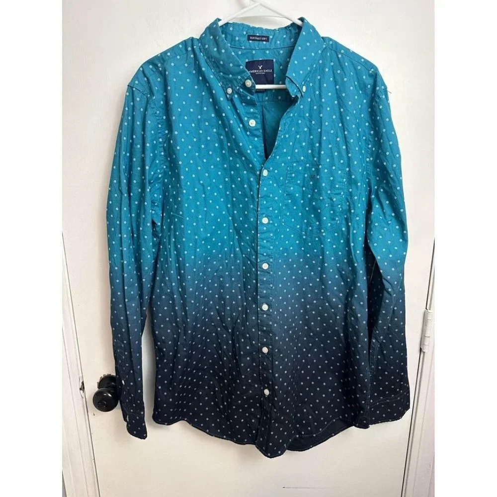 AMERICAN EAGLE Seriously Soft Oxford Collar Button Shirt T L Teal Navy Ombr#0872